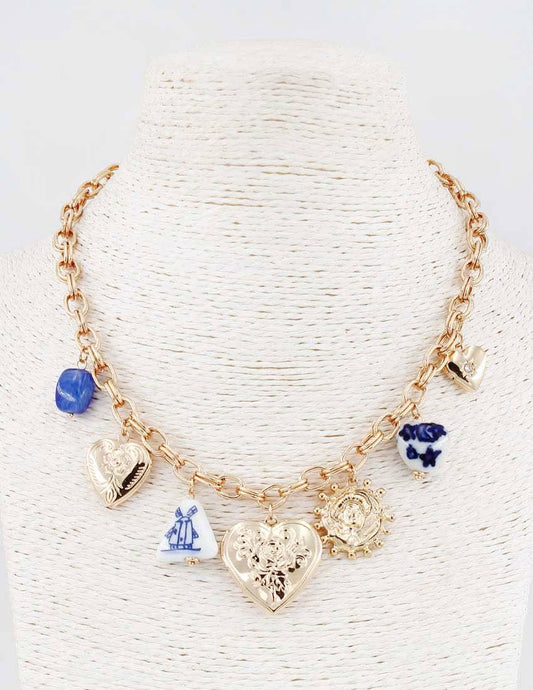Hearts/Windmill Multi Charms Chain Link Necklace